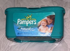 Empty Pampers Natural Aloe Baby Wipes Pop Up Dispenser Container Teal Green/Blue