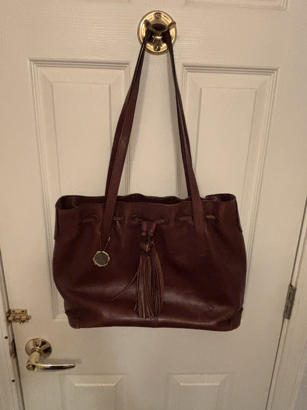 PATRICIA NASH WITNEY British Tan Leather Drawstring Tassels Lg Shoulder Tote Bag