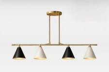 Mid Century Modern 4Pendant-Brass Linear Chandelier with Black  White Metal Con