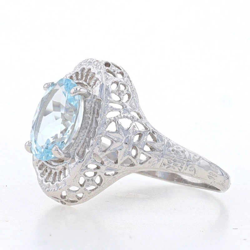 White Gold Aquamarine Cocktail Solitaire Ring -10k Oval 1.20ct Milgrain Filigree - Image 3 of 4