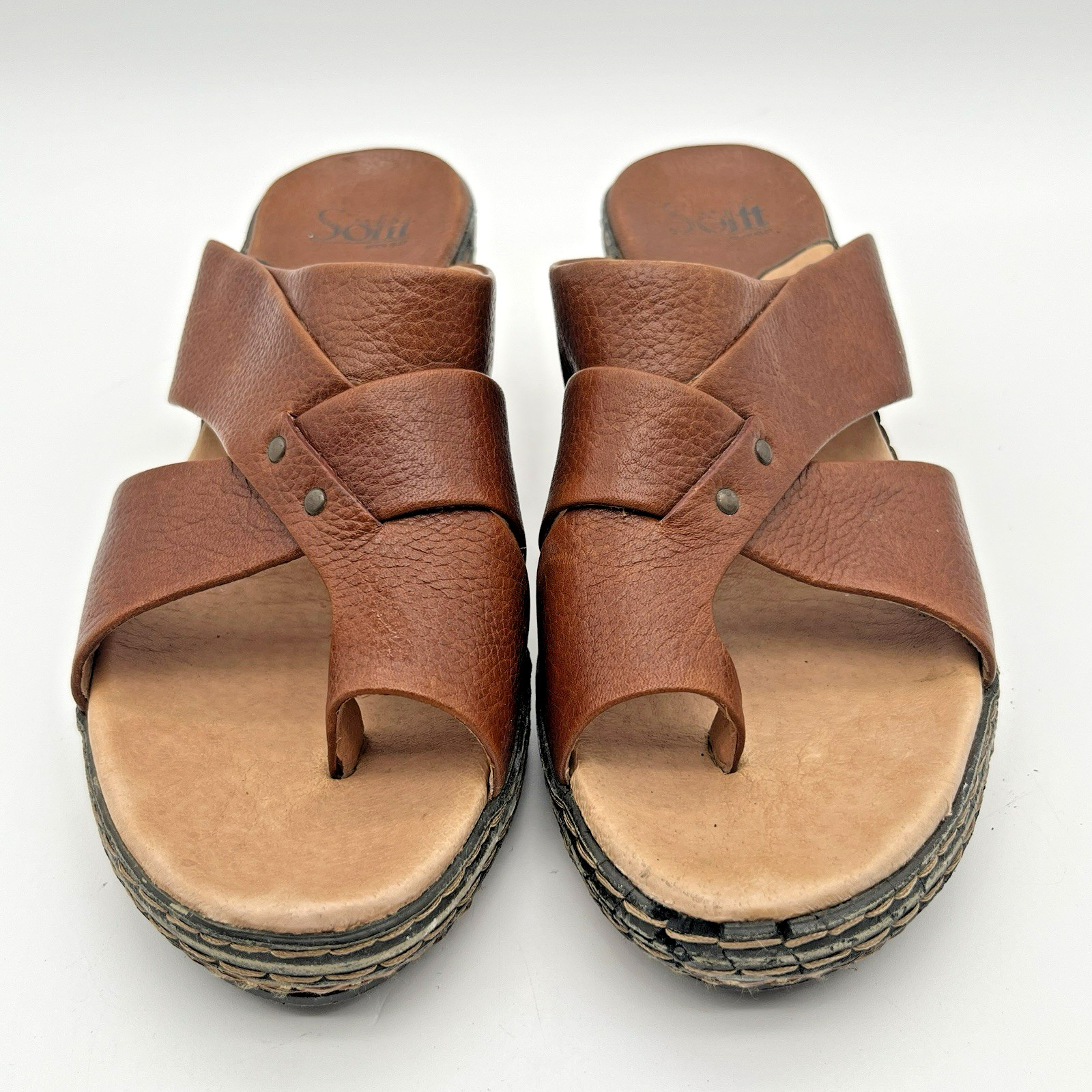 Sofft Women's Size 9 US Brown Leather Strappy Woven Wedge Sandals Toe Loop