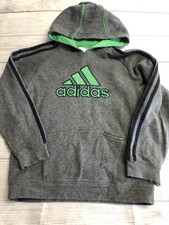 Adidas Hoodie Boys 11-12 Yrs Gray Green Logo 3 Stripe Fleece Pullover Sweatshirt