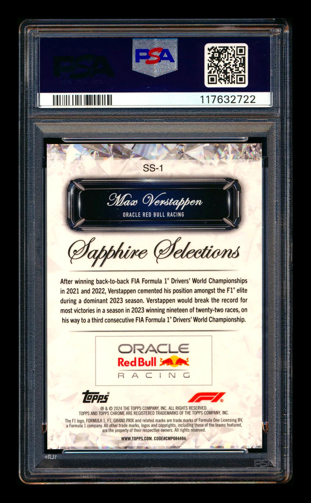 2024 Topps Chrome F1 Sapphire Selections #SS-1 Max Verstappen Refractor PSA 10 view 2