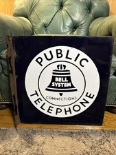 ORIGINAL PORCELAIN BELL SYSTEM PUBLIC TELEPHONE ADVERTISING FLANGE SIGN