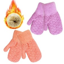2 Pairs Kids Winter Mittens Warm Thermal Thick Fleece Knitted Snow Purple pink