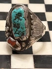 Old pawn HEAVY INGOT sterling turquoise coral* s11.75 ring MENS 032626aED