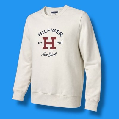 Tommy Hilfiger Mens Size XXL Embroidered Logo Crewneck Fleece Beige Sweatshirt 
