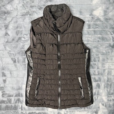 Black Rivet Womens Puffer Vest Faux Leather Trim Quilted Full Zip Black Size M