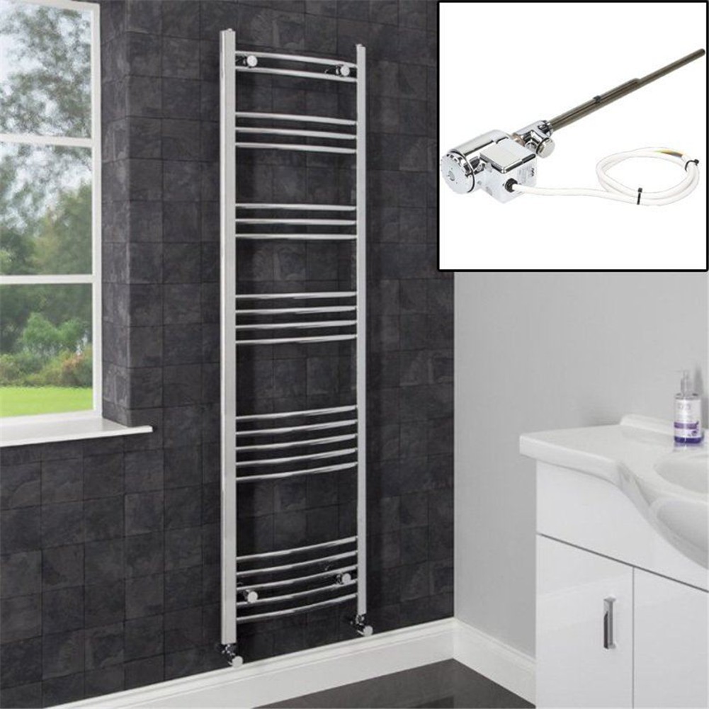 Dual Fuel Heated Towel Rail Chrome Designer Curved Thermostat Electric 1600x450