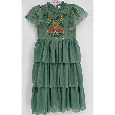 CCMOM Kids Green Tulle Tiered Dress Embroidered Deer Birds Stars Sz 9T