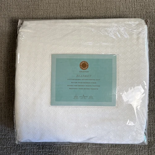 Martha Stewart Collection Queen Size Fine Basket Weave Blanket White 90x90 Vtg