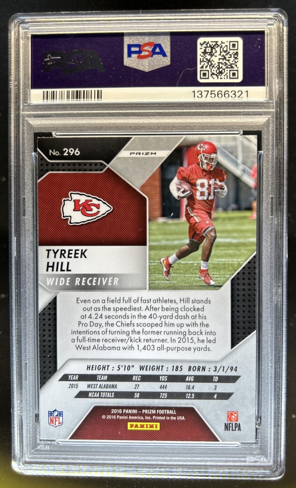 2016 Panini Prizm Tyreek Hill RC Rookie #296 Chiefs PSA 10 GEM MINT view 2