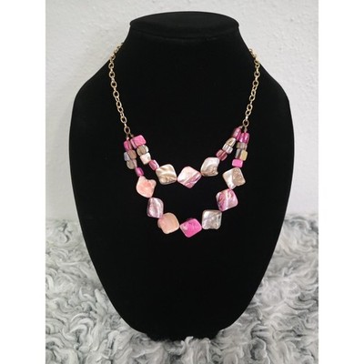 Two Layer Statement Necklace Pink Dyed Mother Of Pearl Chunks Gold Tone Chain