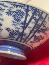 Blue and White Japanese Bamboo Rice or Soup Bowls Set of 10 Porcelain