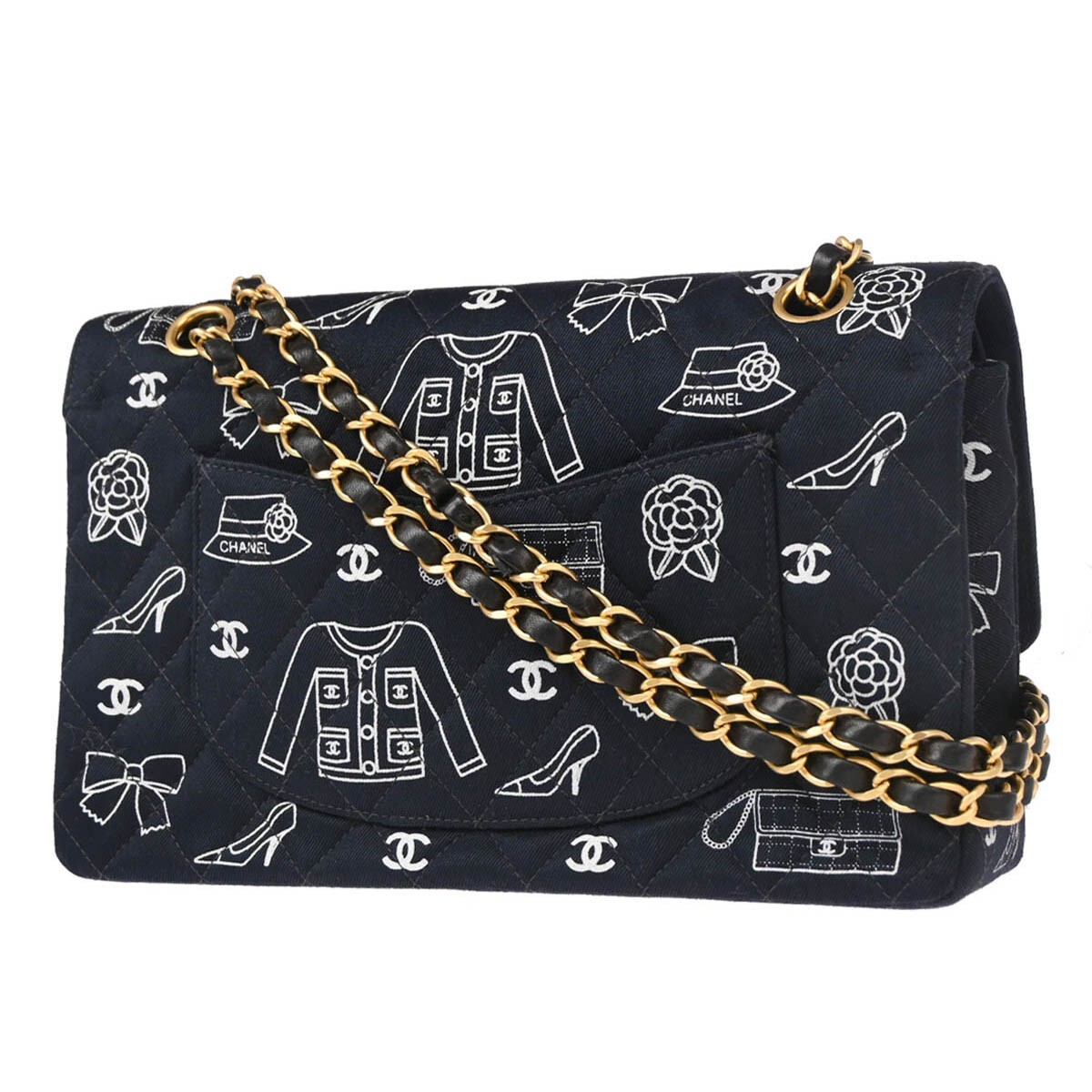 Chanel Navy Canvas Icon Medium Classic Double Flap Shoulder Bag