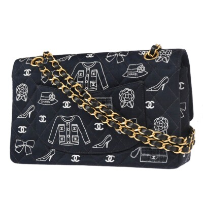 Chanel Navy Canvas Icon Medium Classic Double Flap Shoulder Bag