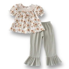 NEW Girls Smocked Sunflower Blouse  Sage Ruffled Pants Size 5 Boutique Outfit