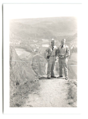Photo B&W 3-1/2x4-1/2 Soldiers Standing on Mountain Top River Valley Background
