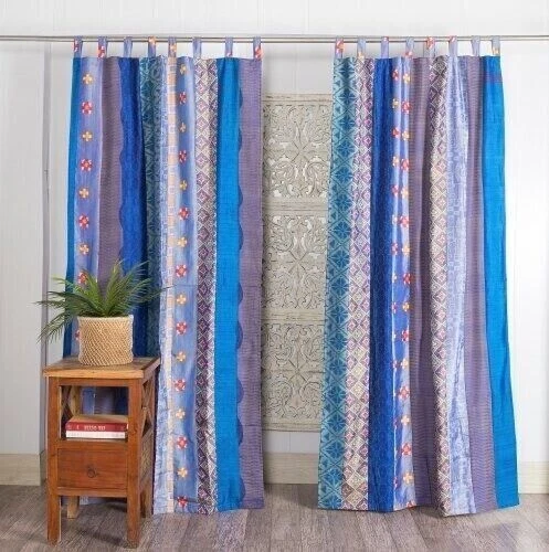 Handmade 2-Piece Vintage Indian Patchwork Curtain Valances – Silk Door & Window Hanging, 7 FT