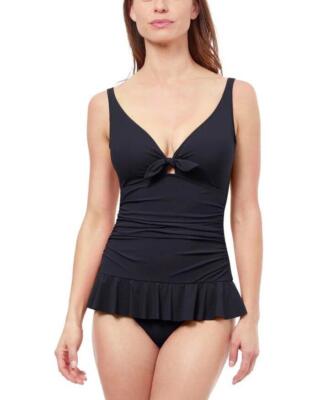 PROFILE BY GOTTEX 10 Black Dandy Tie Front V-neck Swimdress NWT $148