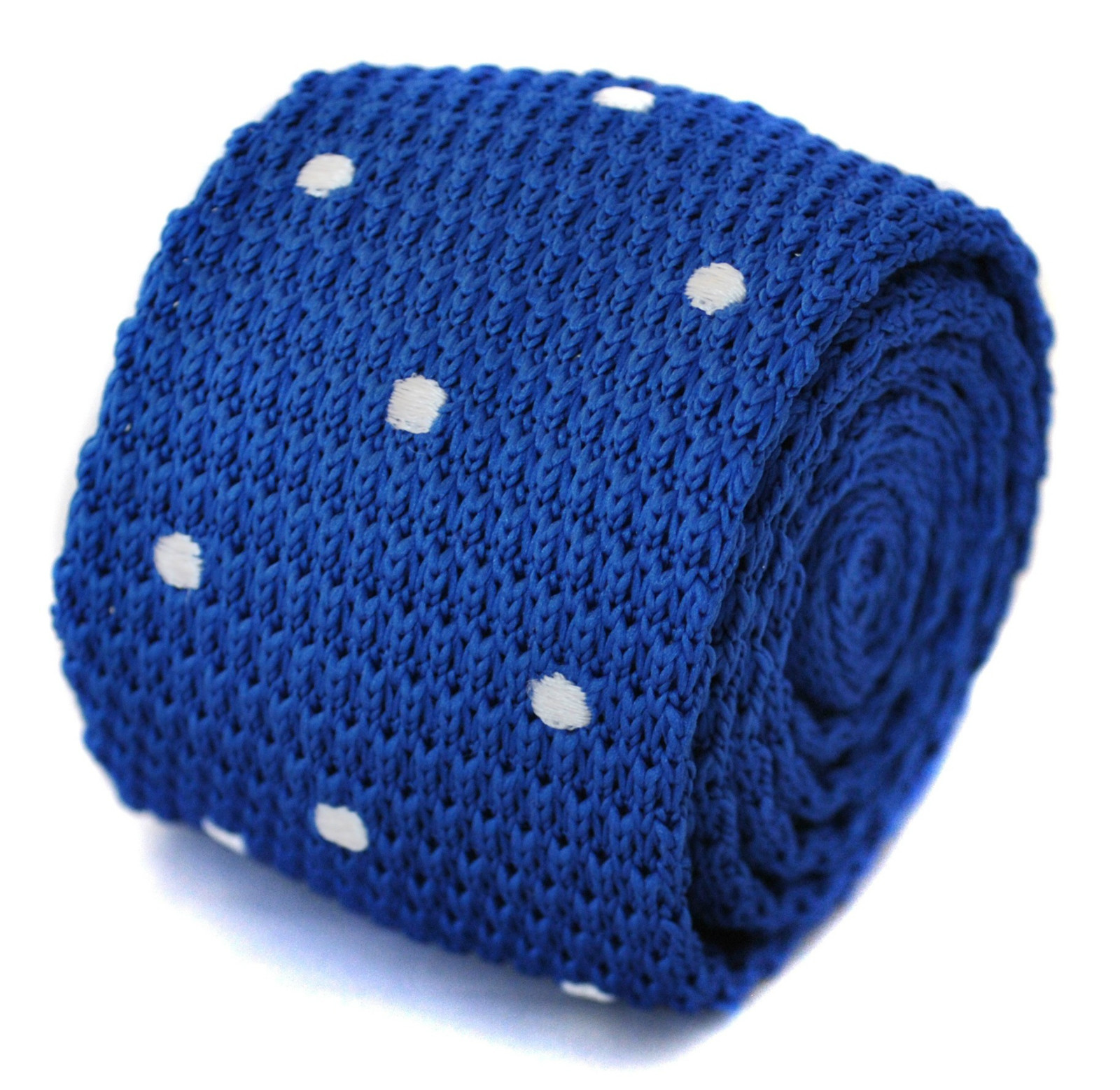 Frederick Thomas Knitted Silk Mens Tie - Royal Blue - Polka Dot Skinny Wedding
