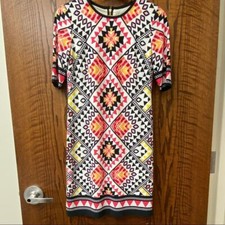 Eliza J black and pink geometric tribal print mini sheath dress