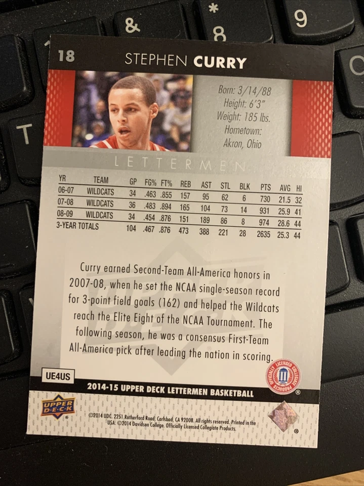 2014-15 Upper Deck Lettermen Basketball #18 Stephen Curry Davidson Centered Nice - Image 3 of 4