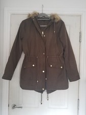 Therapy Faux Fur Hooded Parka Khaki Green / Brown Uk 10