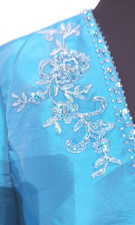 New Alexia Stunning Peacock Blue Silk, Sequin Bead Embellished Balero Jacket. 16