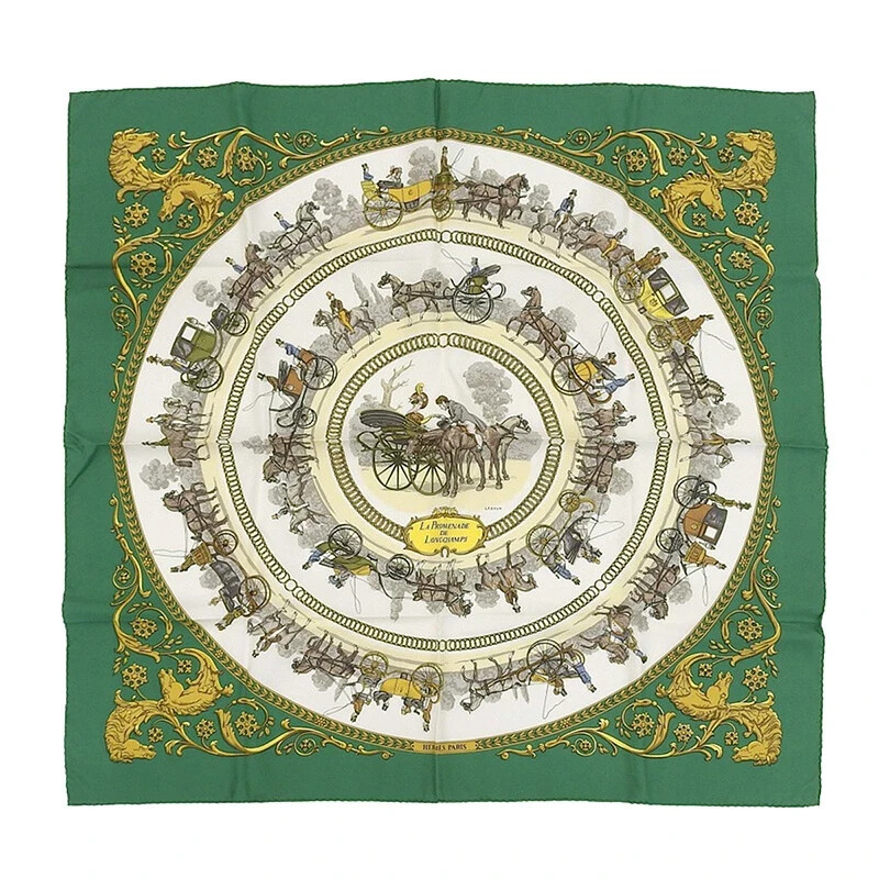HERMES 100% Silk Scarf Carre 90 Promenade a Longchamp Green Auth