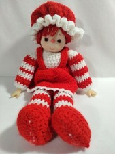 Raggedy Ann 16" Doll Handmade Crocheted w/Plastic Face and hat Red  White KNIT