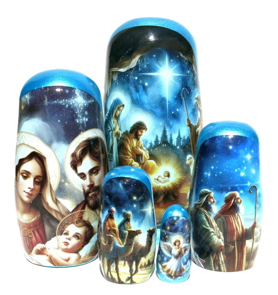 Bellissima bambola russa Natività di Natale fatta a mano, 5 pezzi con confezione regalo - Immagine 2 di 4