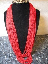 Vintage Multi Strand Red Glass Seed Bead Necklace with gold leaf and rhinestones