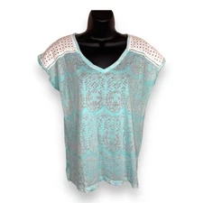 LARGE SIGNATURE STUDIO LIGHT BLUE WHITE PAISLEY TOP LACE ACCENT BOHO