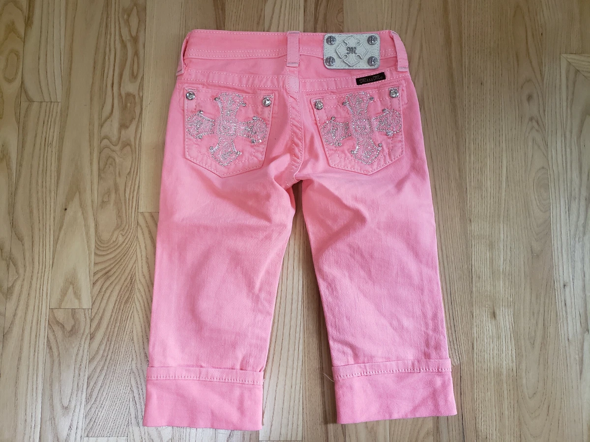 MISS ME Girl's Pink Denim Capri Pants Jeans with Crystal Embellished Pockets