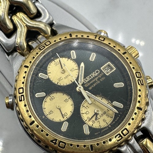 SEIKO SPORTS 100 QUARTZ MEN’S VINTAGE CHRONOGRAPH Green & Gold 7T32-6G20 Sz. 7” - 第 12/24 張圖片