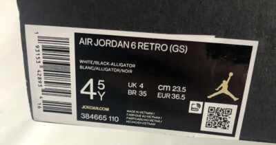 Jordan Retro 6 6s Alligator White Black 384665-110 GS BG Size 4.5Y