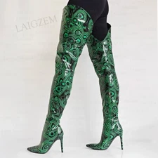Women Thigh High Boots Pointed Toe Shiny Thin High Heeled Boots Size Zip Shoes
