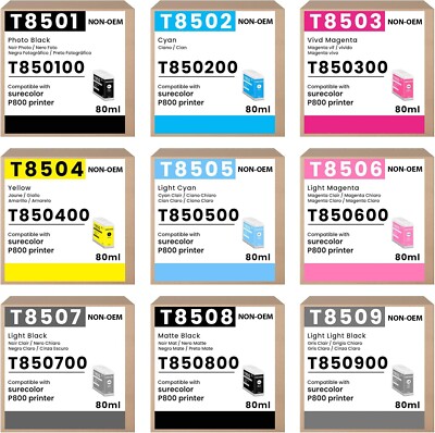 T850 Ink Cartridge (9PK, 80ML) for Epson SureColor P800 T8501 T8509 Printers