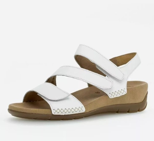 Gabor Womens UK 8 EU42 White Leather Hook & Loop Low Wedge Heel Open Toe Sandals