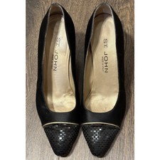 St. John Emily 75 Heels Black Satin Almond Cap Toe Pumps Sequin Embellished US 8
