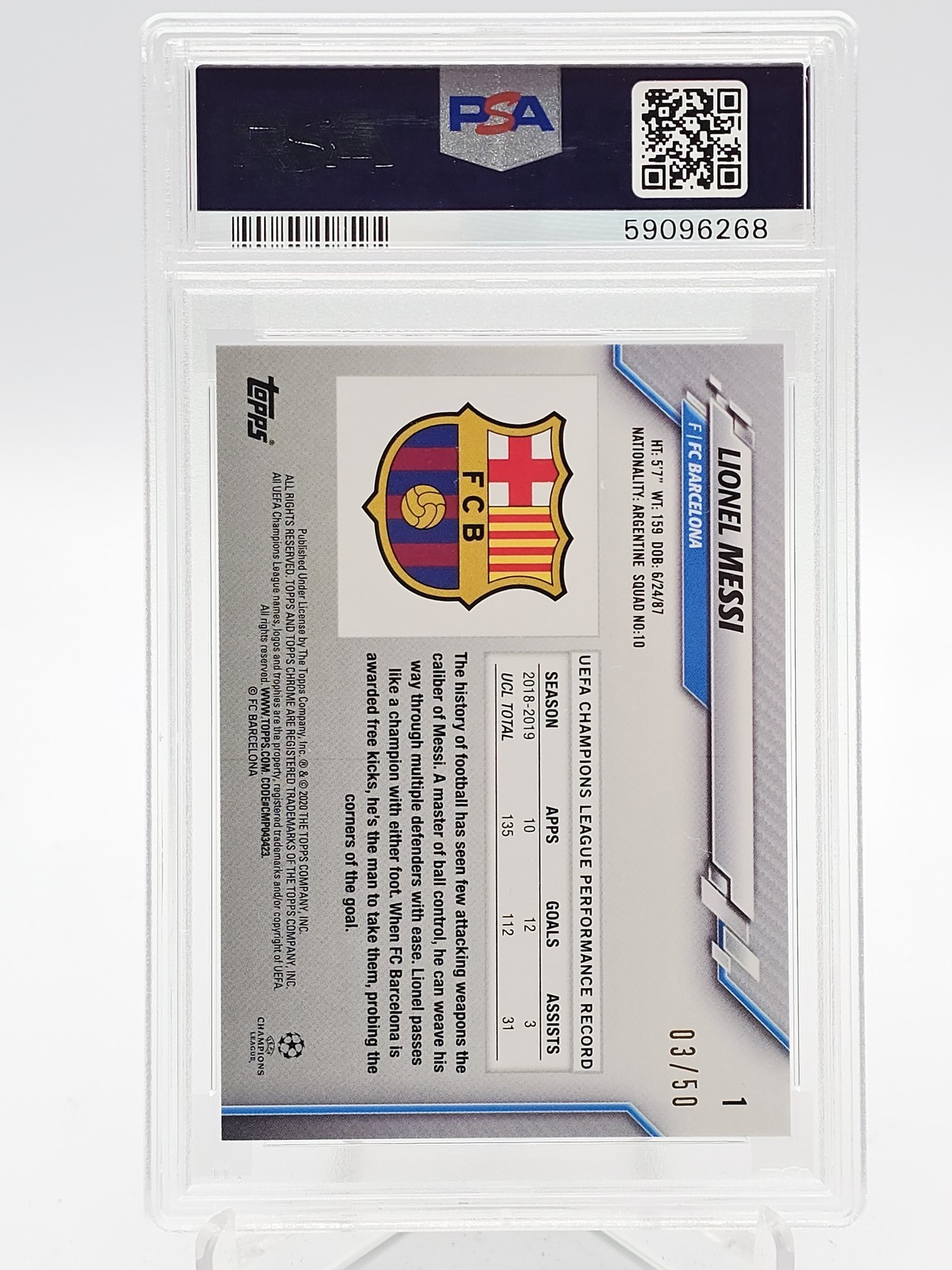 LIONEL MESSI 2019-20 TOPPS CHROME UCL SAPPHIRE SP ORANGE /50 #1 PSA 10 Q6159 view 2