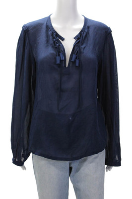 Diane Von Furstenberg Womens Silk Tassel Detail Blouse Dark Blue Size 12