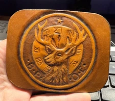 Vintage BPOE Elks Lodge Tooled Leather? Belt Buckle B.P.O.E. Elk Club 11 O'Clock