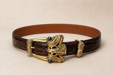 Vintage 1989 Snake Buckle Belt Brass Serpent 80s Statement Reptile Leather 30-35