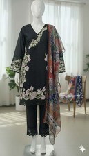 Black 3-Piece Embroidered Cotton Shalwar Kameez Party/Casual Outfit Size Medium