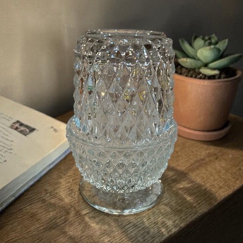Indiana Glass Diamond Point Fairy Lamp Angel Light Candle Holder Two Pieces 