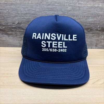 VINTAGE Rainsville Steel Hat Cap Snap Back Blue White Mesh Trucker Mens 90s