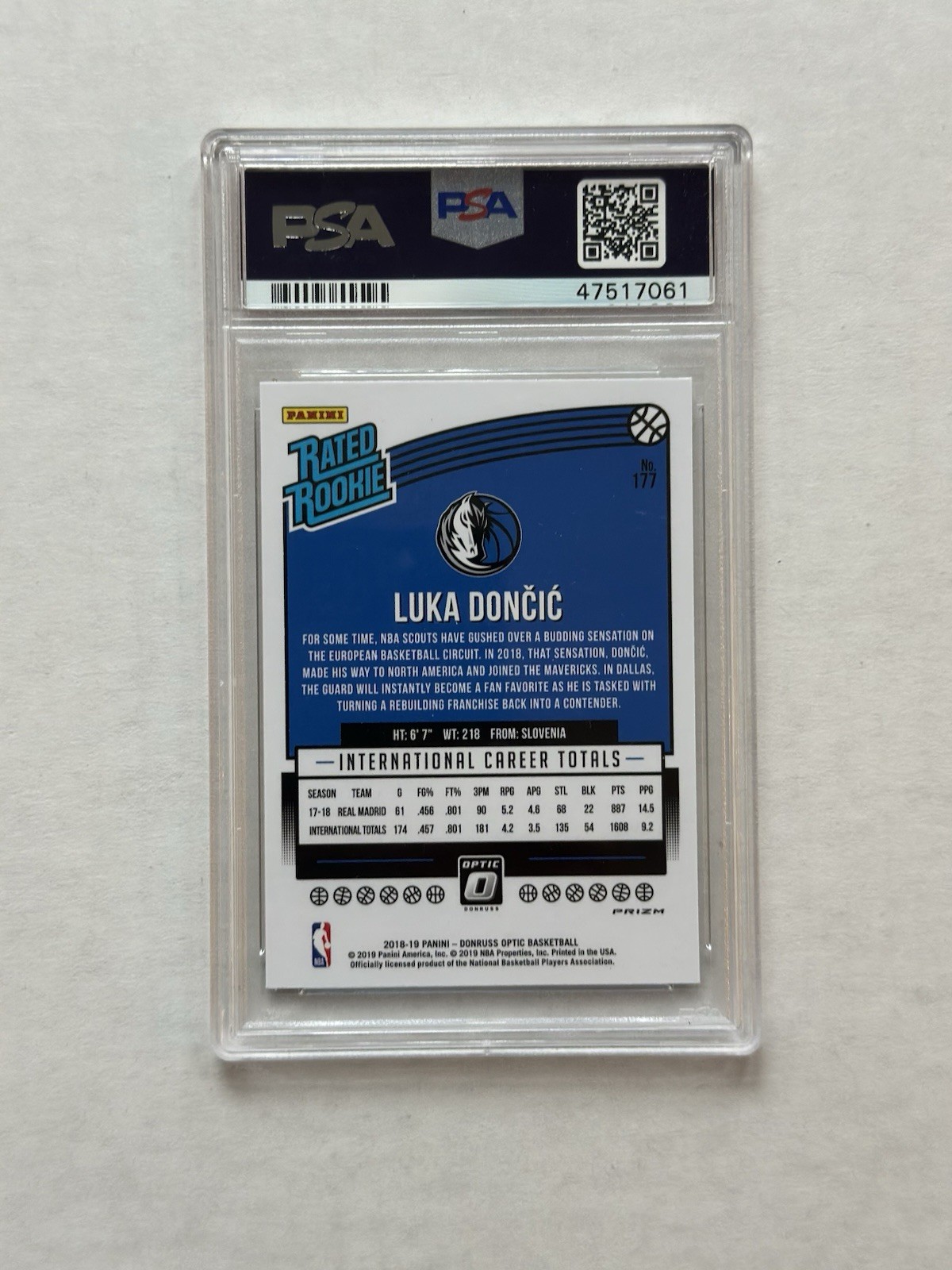 2018-19 Panini Donruss Optic Luka Doncic Fast Break Holo RC #177 Mavericks PSA 9 view 2