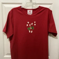 Quacker Factory Red Christmas T-Shirt Candy Cane Design Beaded Appliqué ~L~NWOT